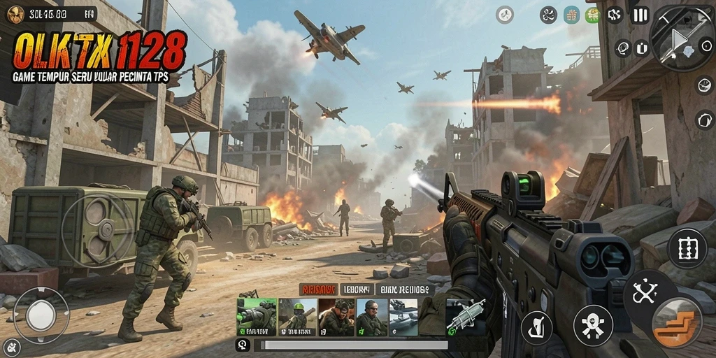 Tampilan layar gameplay seru OLX128 dalam pertarungan TPS.