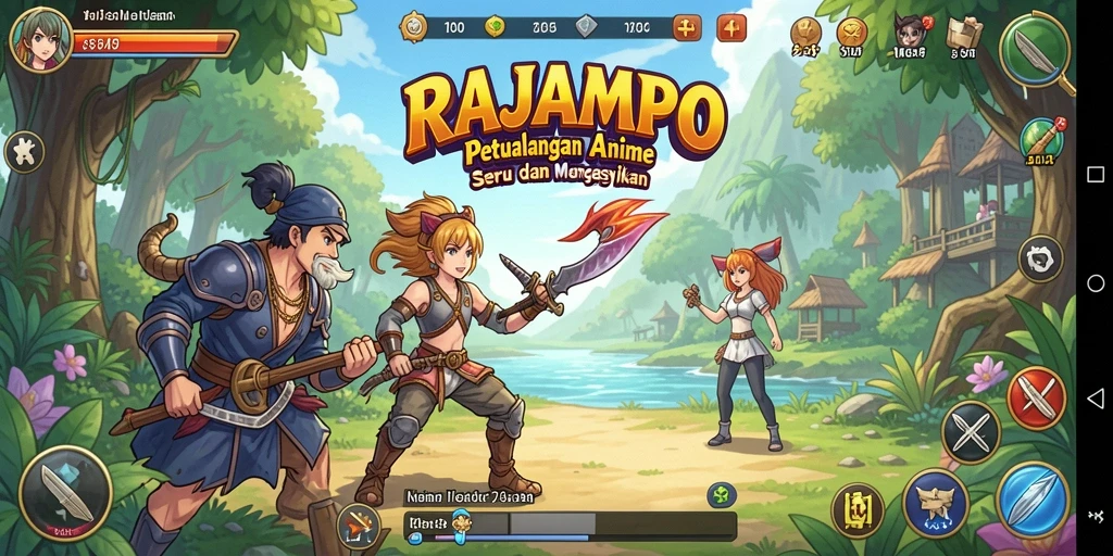 Tampilan gameplay RAJAMPO yang penuh aksi dan karakter anime.