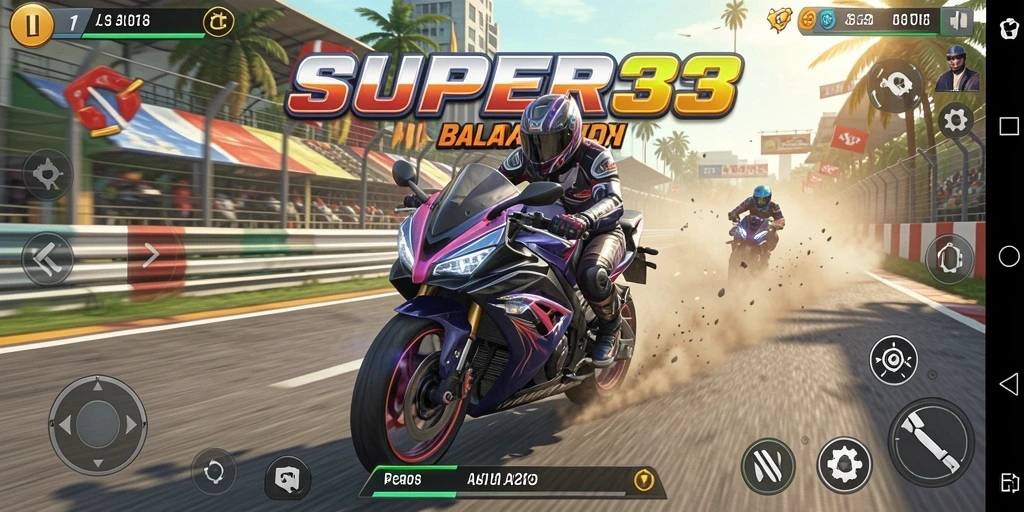 Gameplay SUPER33 yang menegangkan dan penuh tantangan di trek balapan.